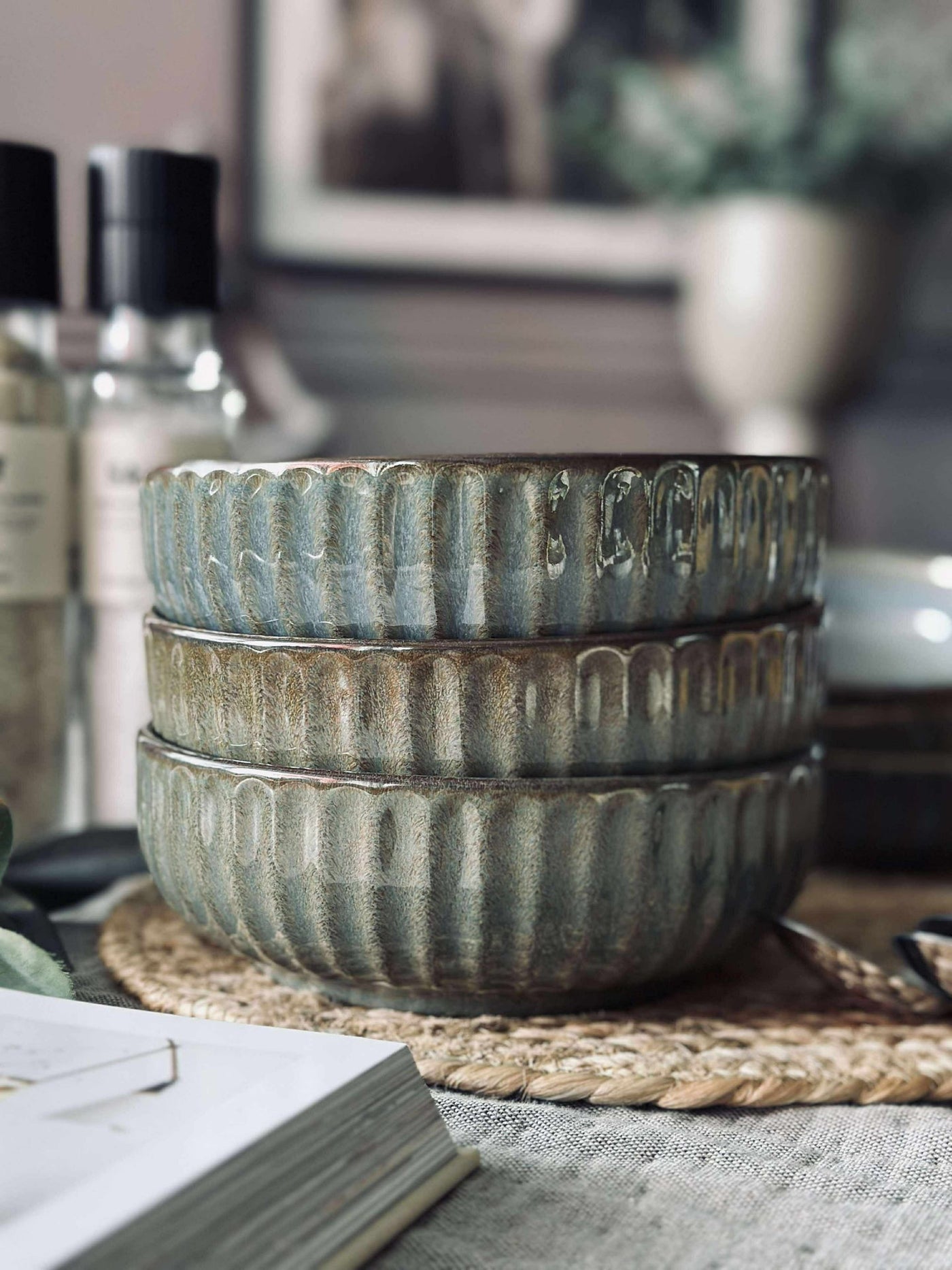 Skål VIGA randig stengods - Grå / brun 16cm